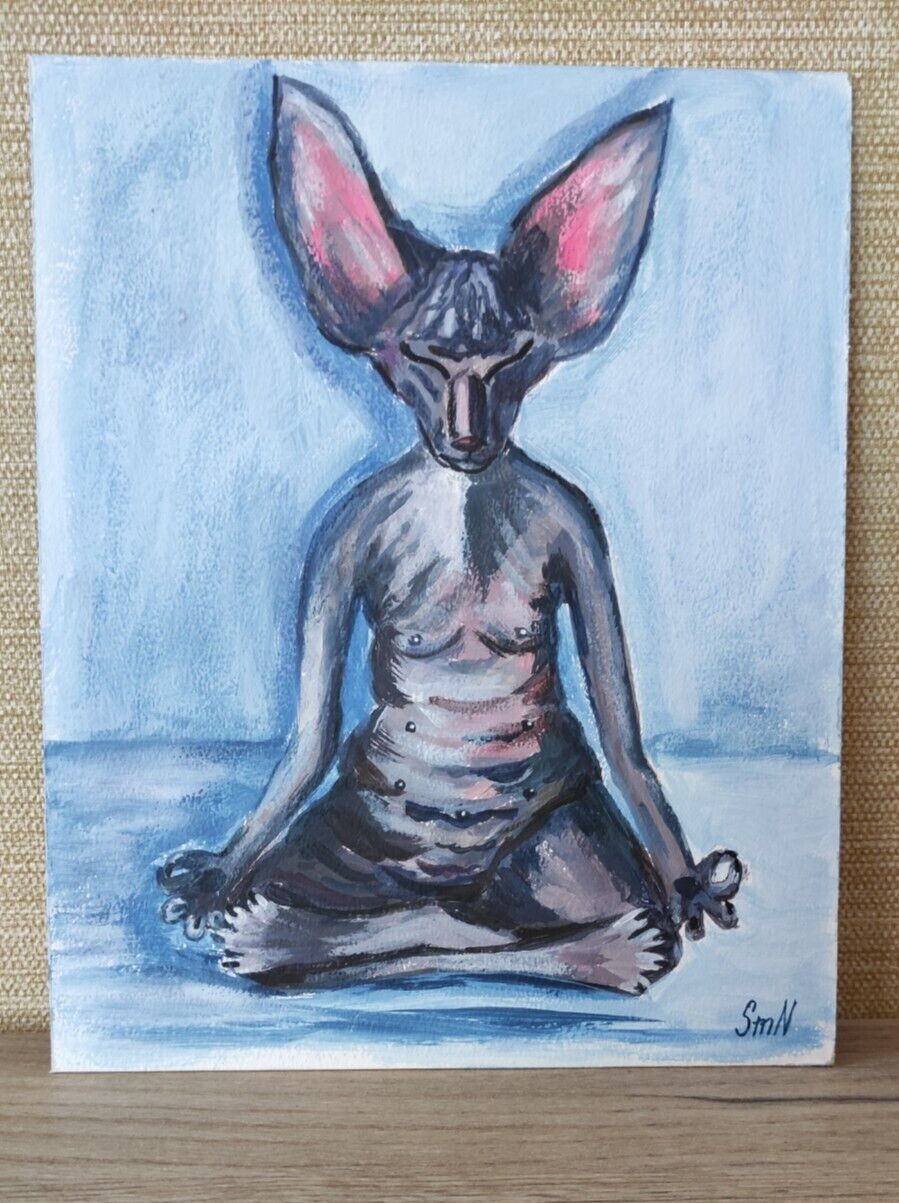 Original Art Meditation Cat Portrait Relax Pet Outsider Painting Kitten Zen