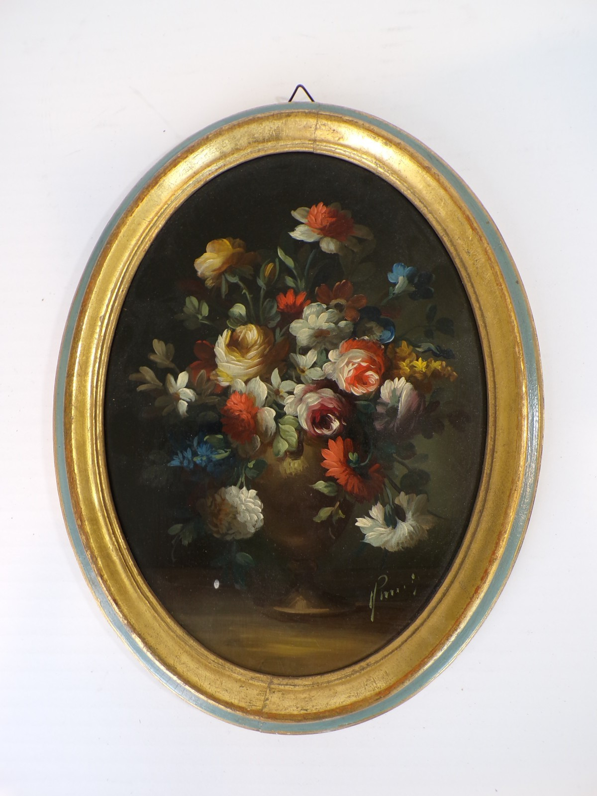 Still Life Flowers in Vase Hand Painted Oil Painting Oval Frame Made in Italy