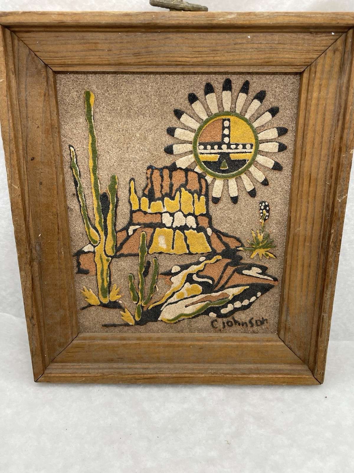 C. Johnson «Western Skies” SandPainting Native American Art Signed Framed Navajo