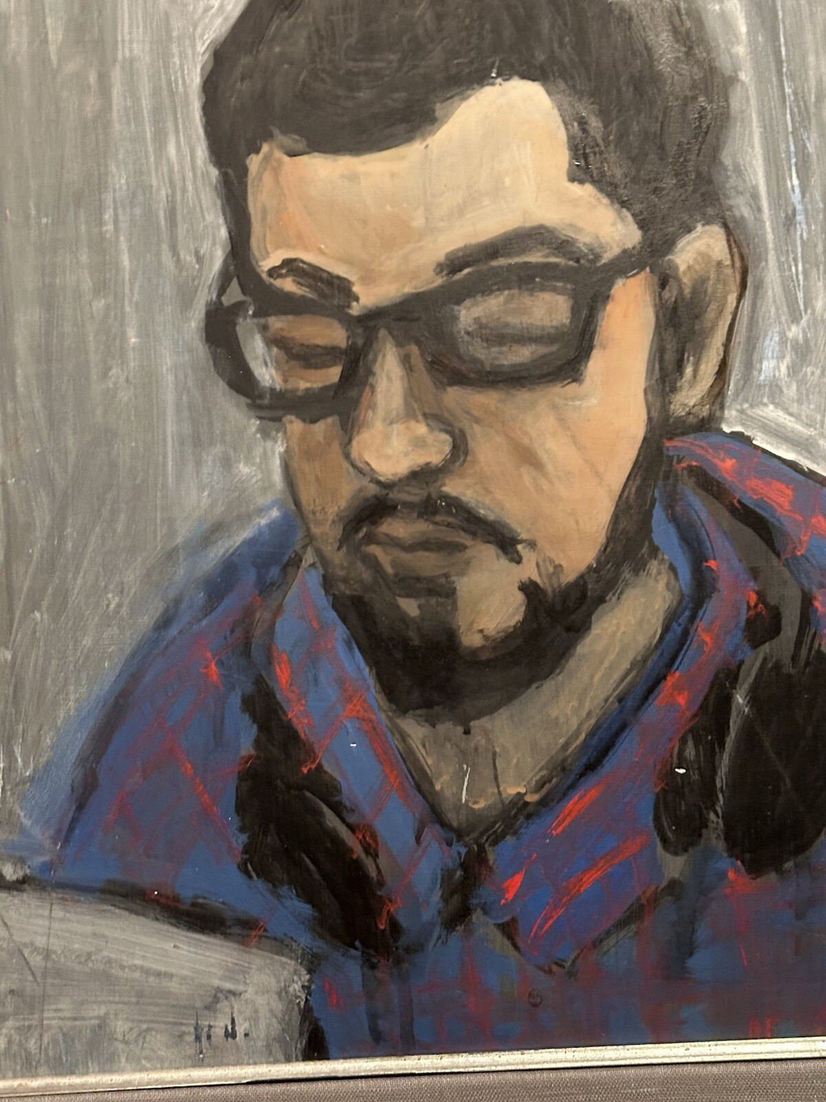 Portrait Man “In the studio” Mixed Media Painting / Paper Myst. Artist Framed