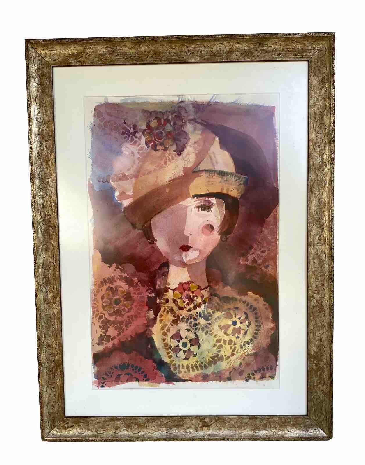 OOAK Framed Water Color Painting Woman in Hat, Maroon, Yellow & Brown 21″ x 29″