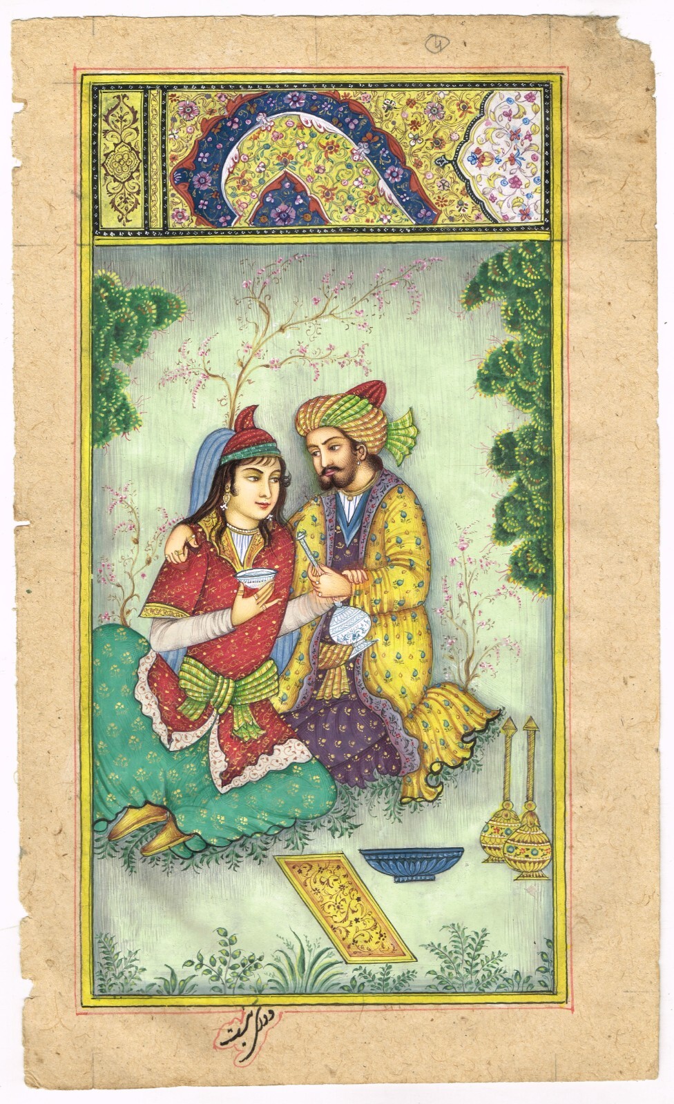 Persian Art Painting A Persian Couple Enjoying Drink On Paper 6.5×10.5 Inches