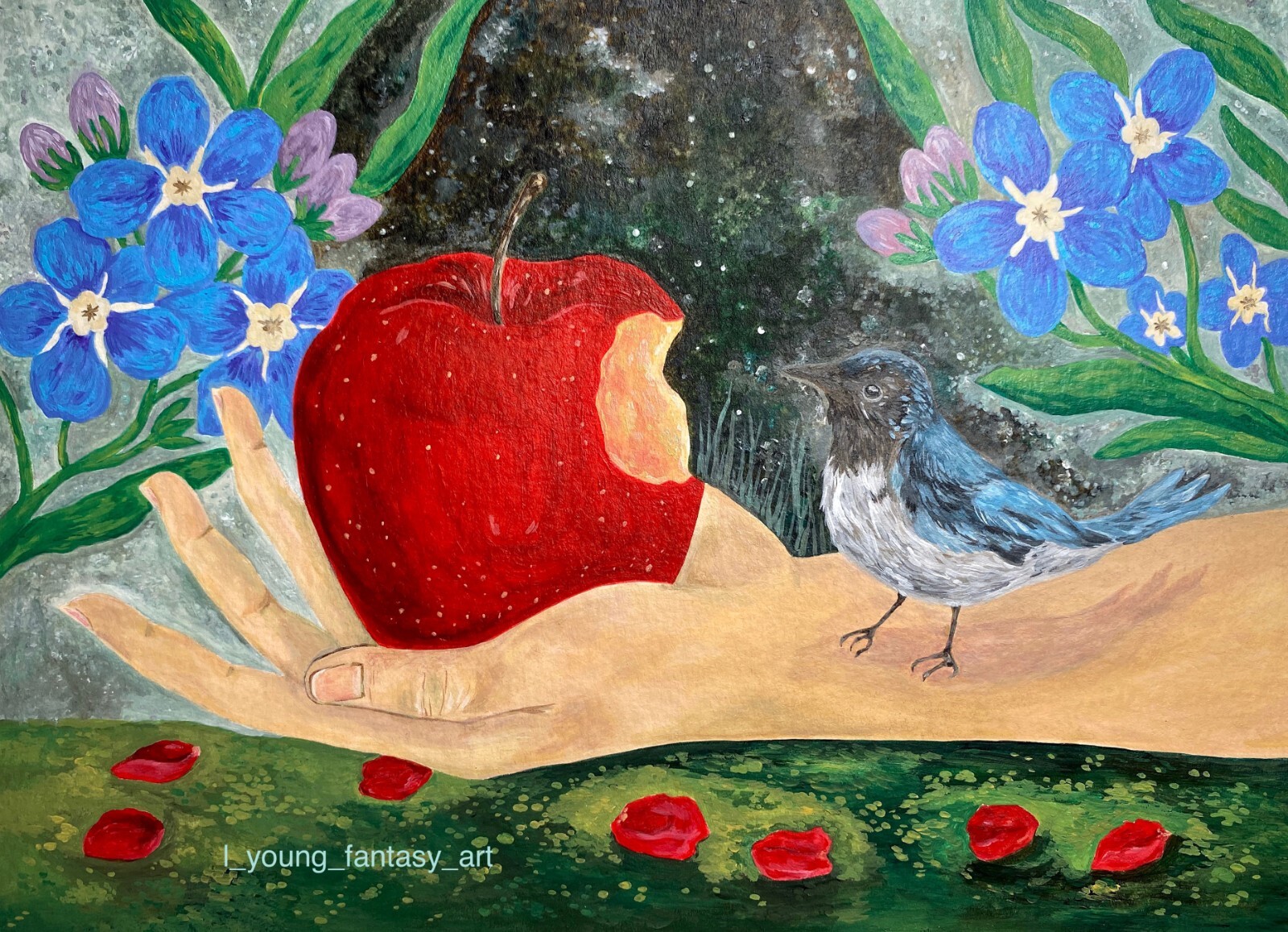 ORIGINAL 7×5 PAINTING EVE APPLE GARDEN OF EDEN WARBLER BIRD FLOWER ART BY LYOUNG