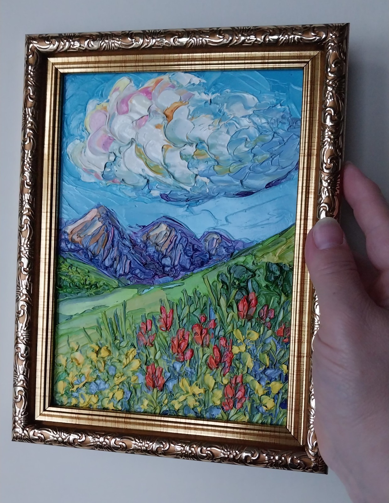 Framed Rocky Mountain Red Flowers Landscape 5×7” Impasto Oil Painting Original