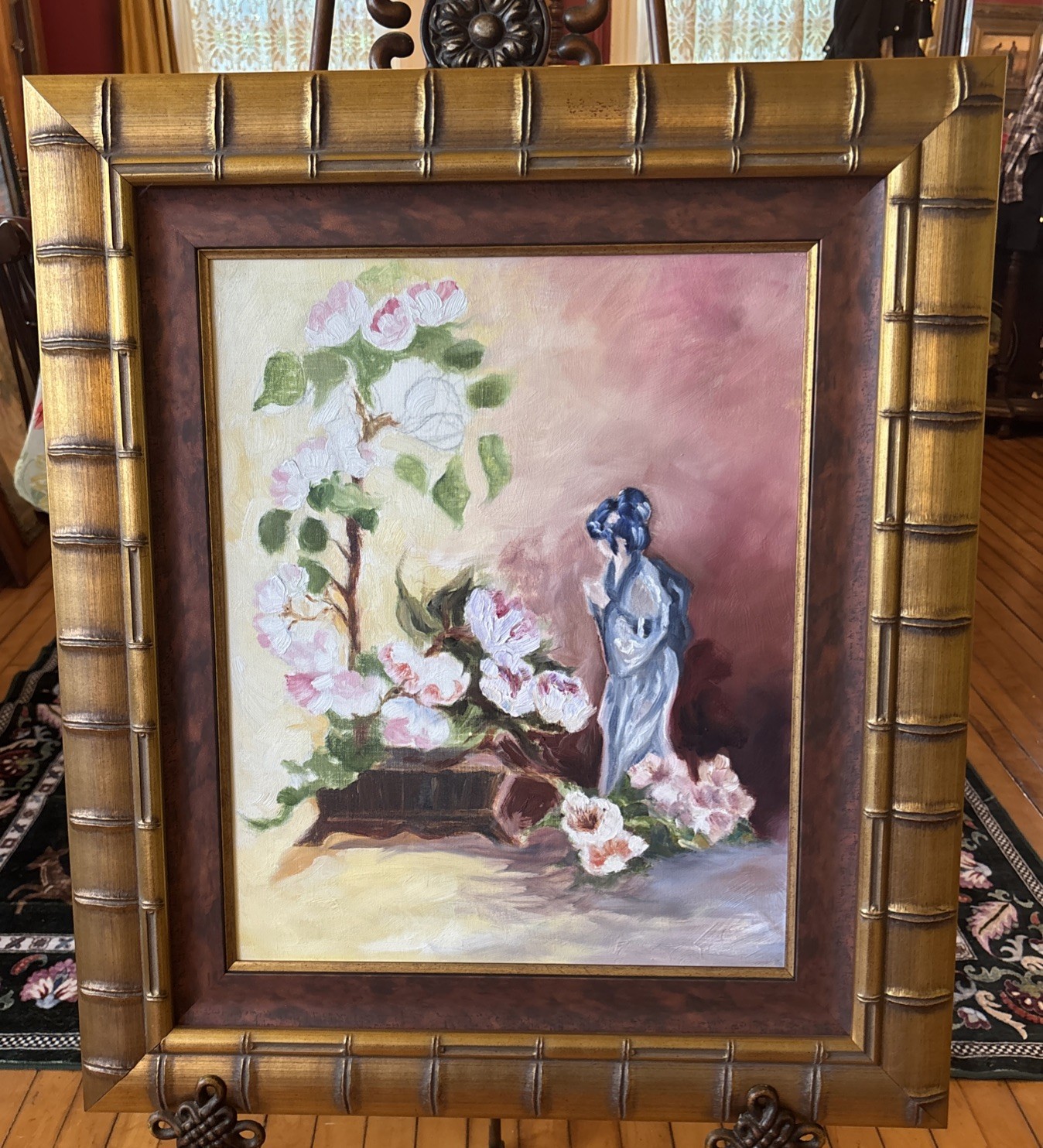 Oil Painting Giesha By Flowers With Gilded Bamboo Gold Frame 29 X 25 Inches