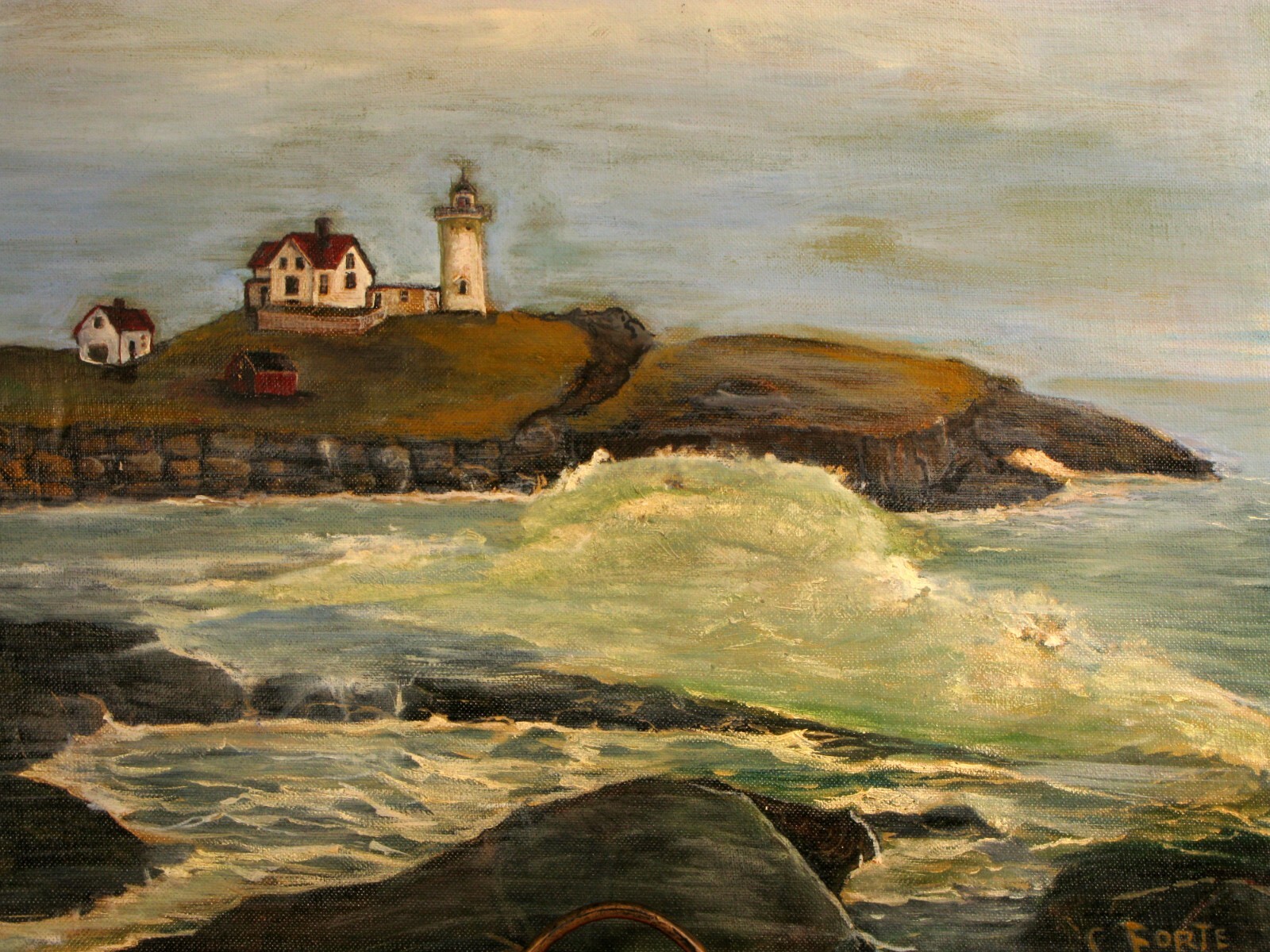 ORIGINAL RHODE ISLAND ARTIST LIGHTHOUSE PAINTING NUBBLE LIGHT CAPE NEDDICK MAINE