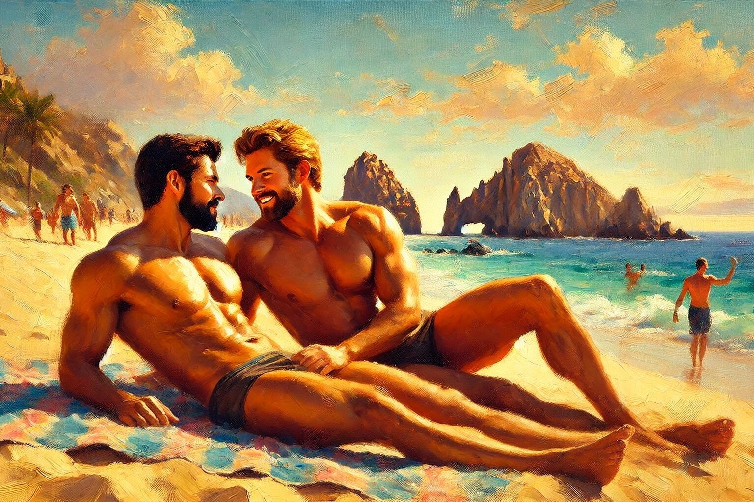 Original gay LGBTQ art giclée painting «Brad & Joe In Waikiki» signed/numbered