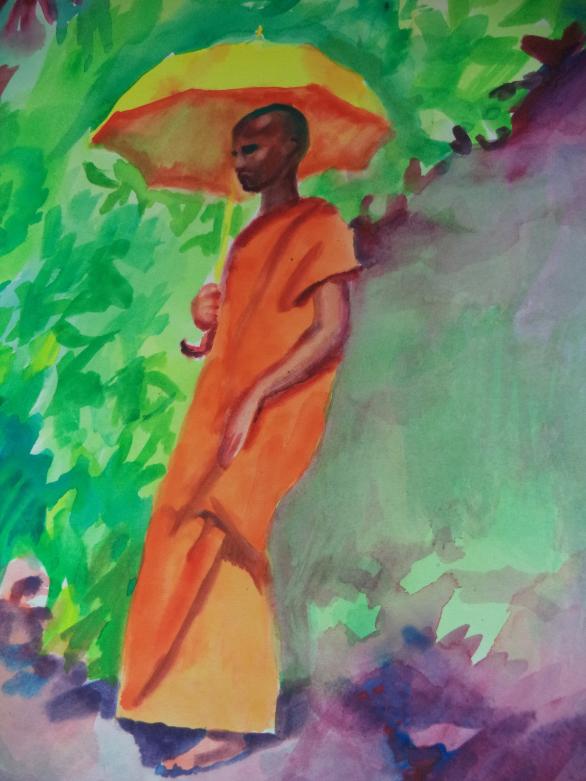 Vintage Original Gouache Painting Andre Delfau Modernist Abstract Buddist Monk!2