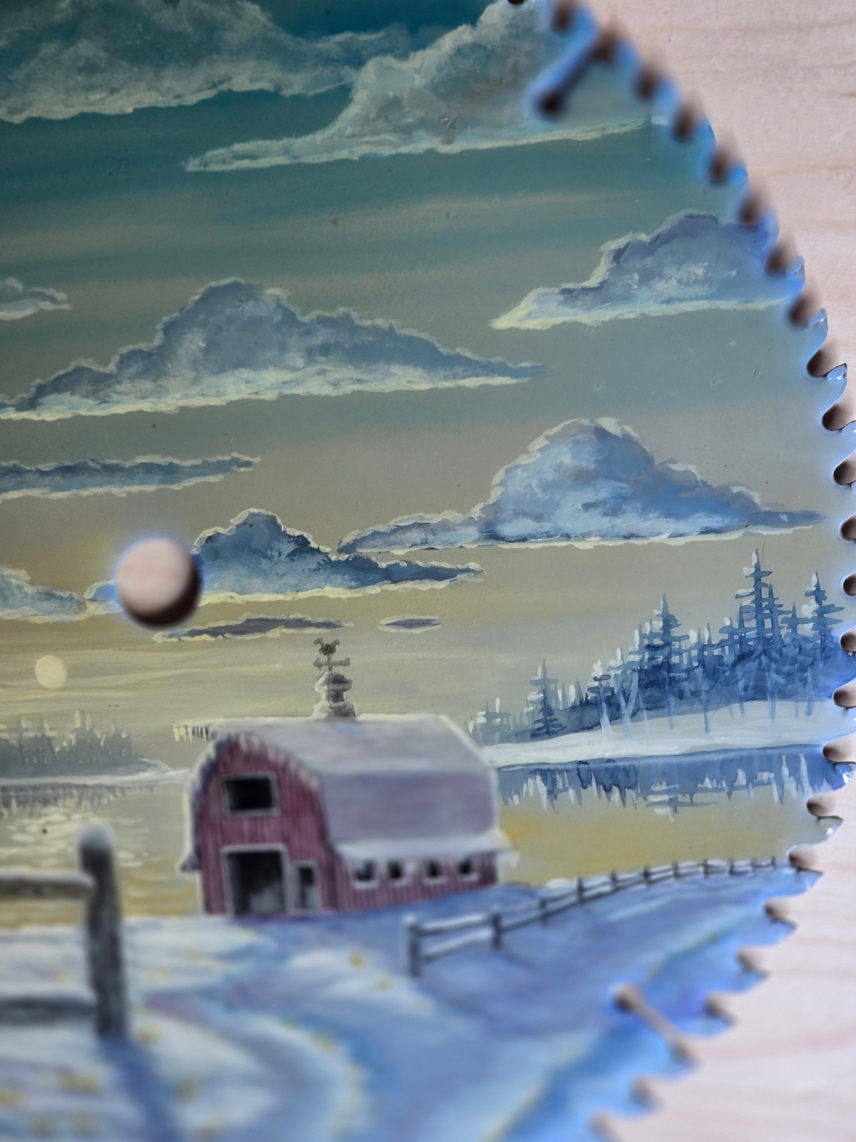 Folk art hand painted owl farm country scene on 10″ saw blade rustic cabin