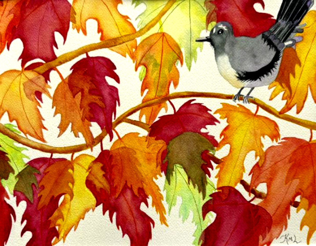 PAINTING WATERCOLOR ART AUTUMN LEAVES BIRD ORANGE YELLOW 11X14 DOUBLE MAT 16X20
