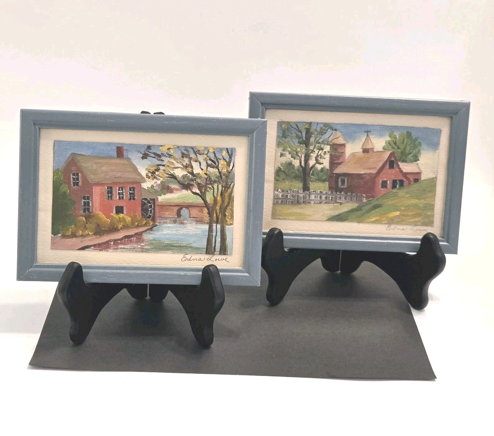 Vtg EDNA LOWE Orig Paintings (2) Red Water Wheel & Barn Framed & Signed 3×5″