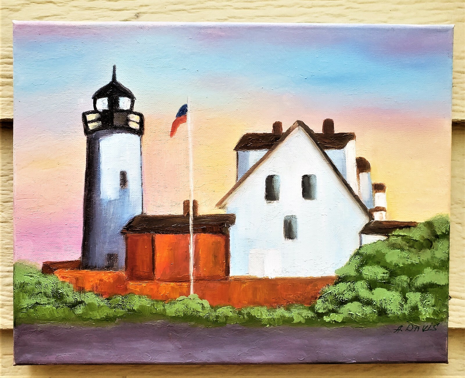 A.Z. Davis 14″x11″ Oil Canvas Painting Modernism Landscape Tree Lighthouse Art