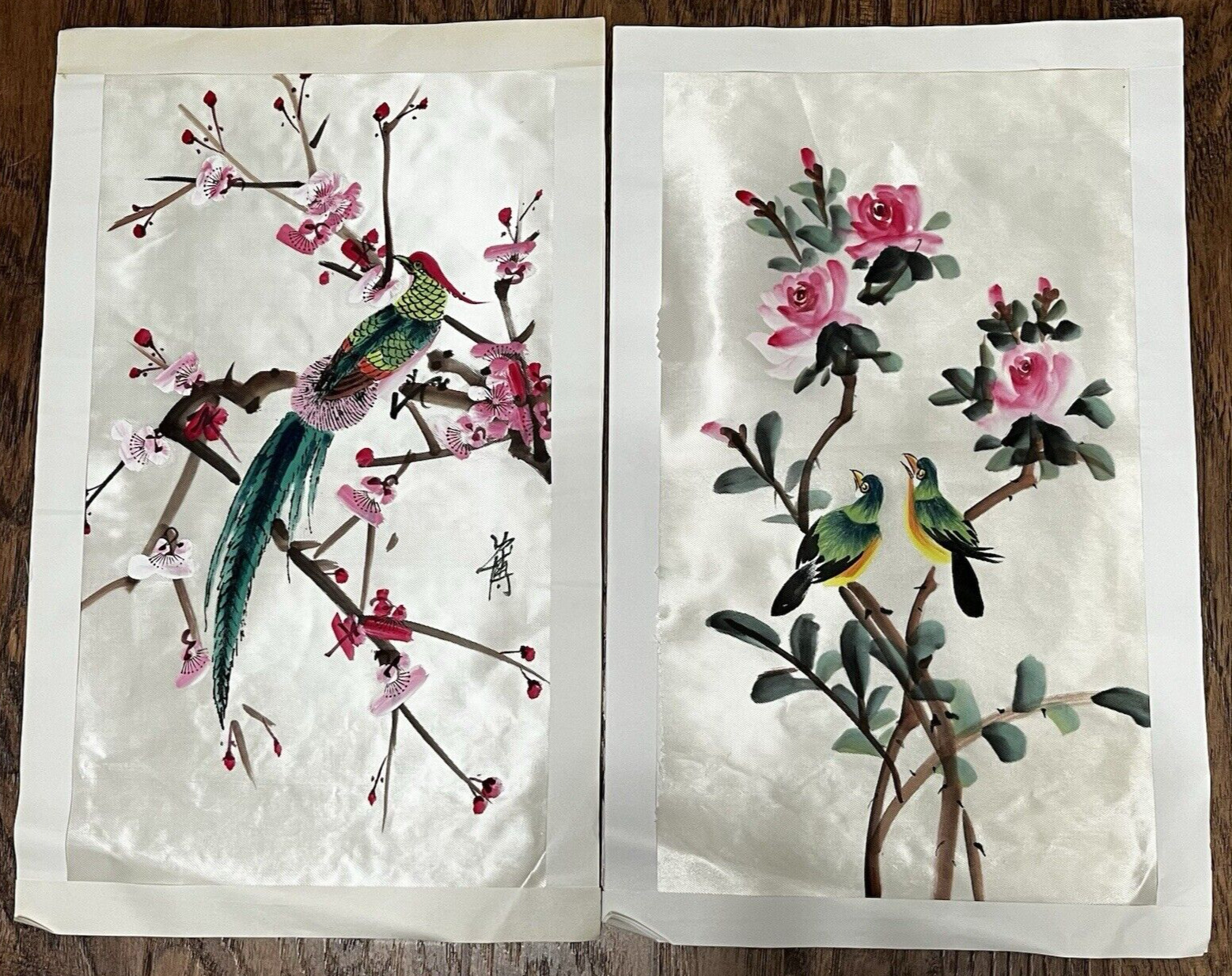 Set 2 Vintage Chinese Silk Painting Panels Birds in Flowering Tree 18.5″ x 11.5″