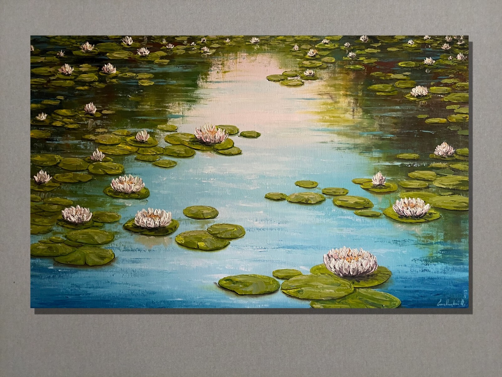 Blossoming water lilly pond impasto colorful summer oil painting. Lotus flower