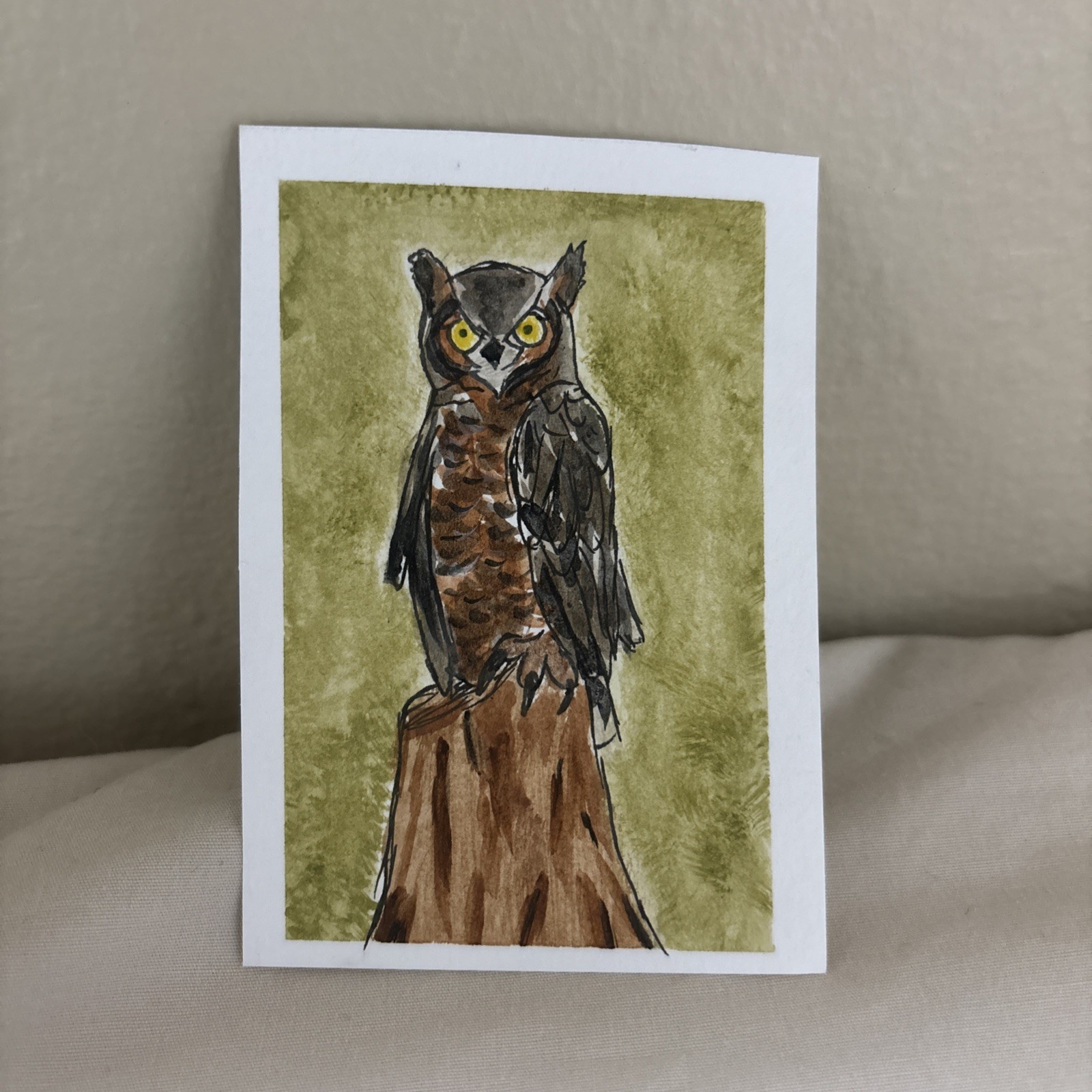 ACEO original mini art painting OOAK watercolor great horned owl bird #2/4 by MB