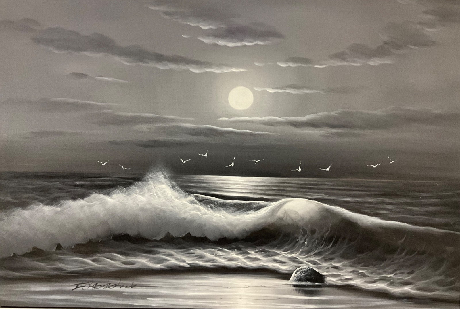 Original Oil Painting calming black and white seascape, bright white moon 24×36