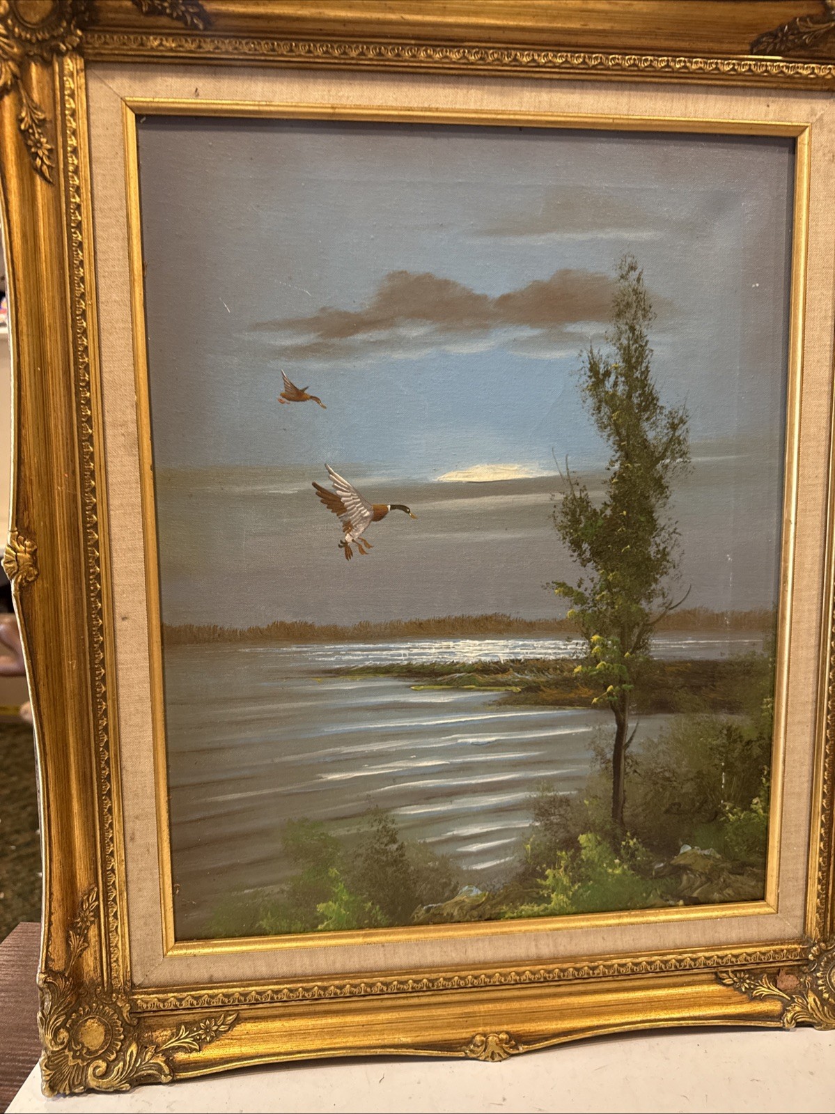 Real Signed Oil On Canvass Painting Lake Shore Ducks Duck Hunting 25×22” Sunset