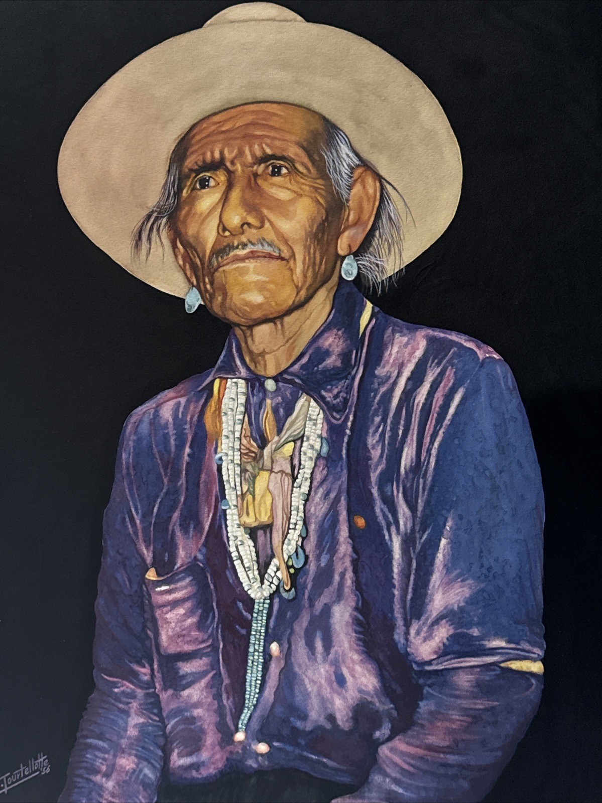 Native American Indian Painting Portrait Man Men Jewelry Signed Listed Famous