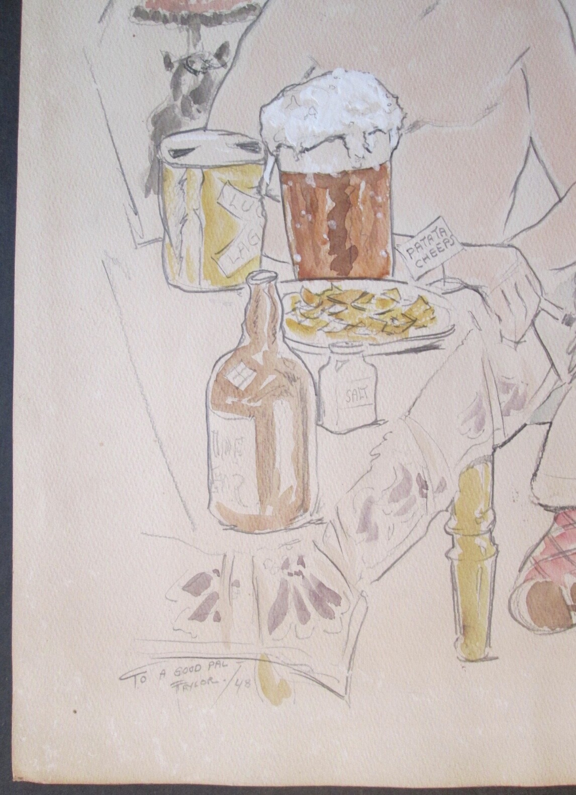 WWII STYLE CARICATURE SIGNED “T. TAYLOR 48″ ~ Mentions Beer & May Co. 20″ x 16″
