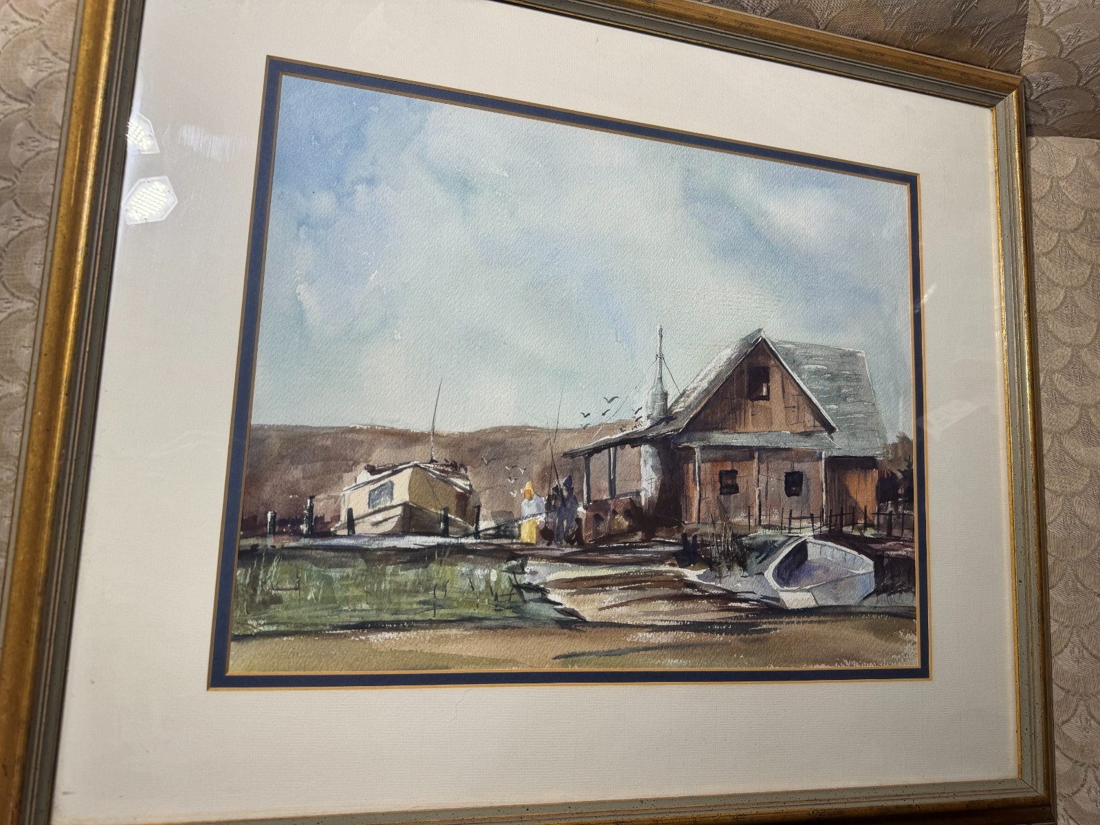 Large «Moored Boat And Dock Scene» Watercolor Painting-Framed