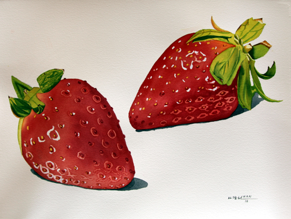 Red Strawberry, Fruit, Original Watercolor Painting, Signed, Art, 30×22 inches