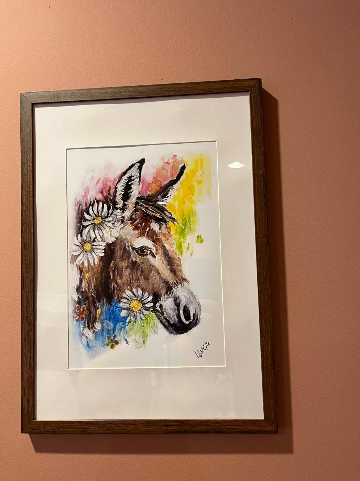 Framed watercolor painting donkey adorned with flowers signed 17.5 x 12.5 in