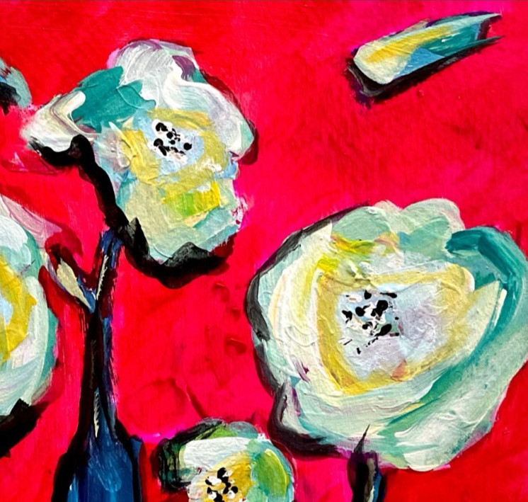 Mary Myers Original Abstract Expressionist Floral Red Acrylic Wood Panel