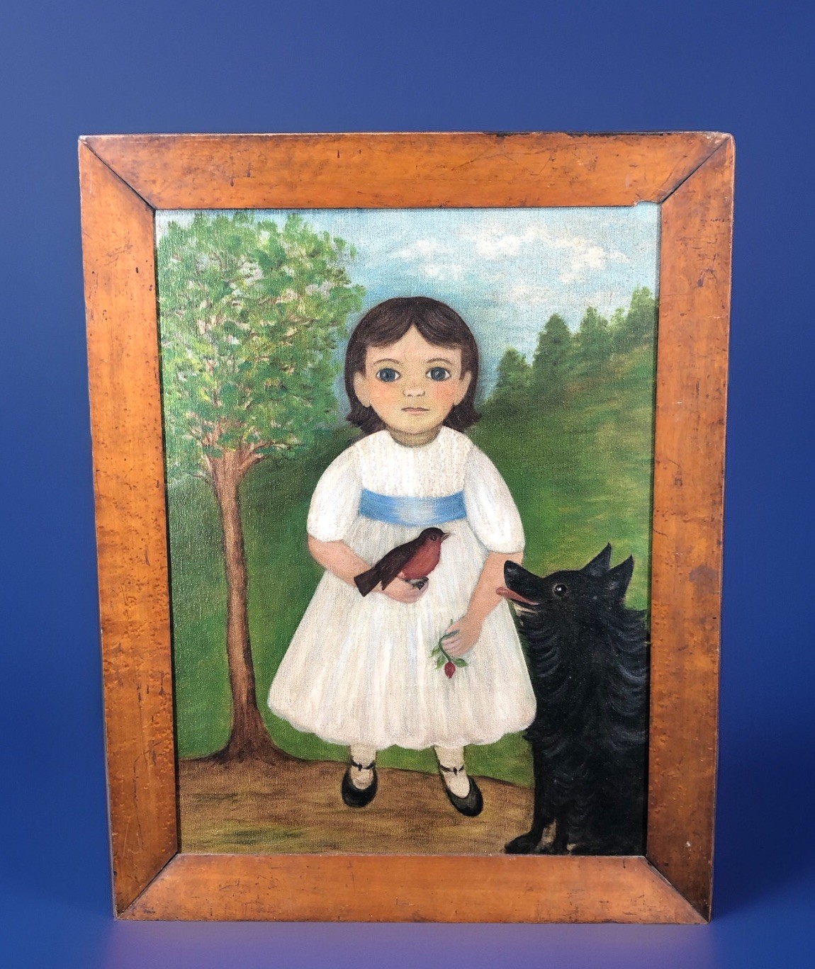 ‘Sarah’ 1980 Original Framed, Signed, Dated Girl /Bird/Dog Folk Art 25 X 20