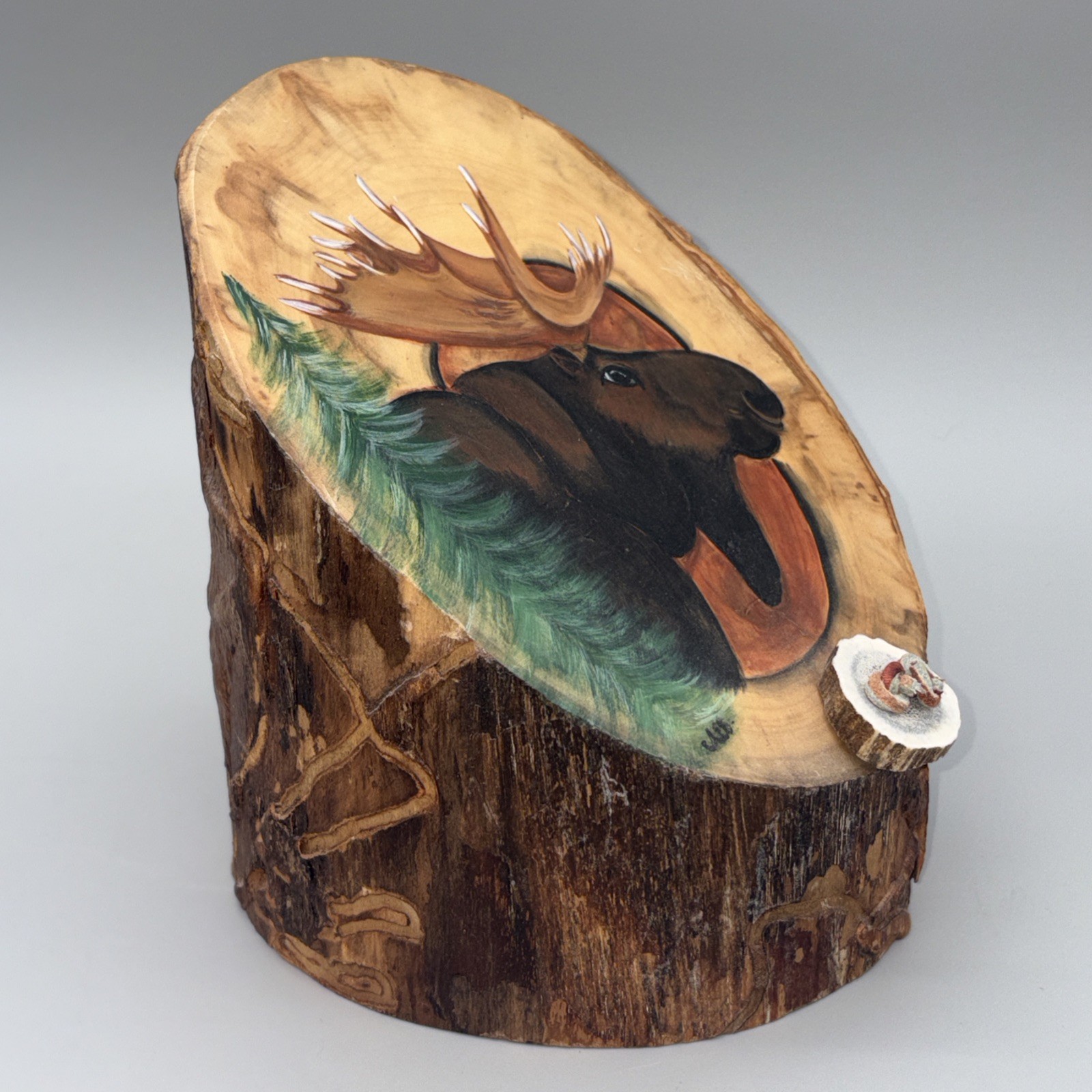 Signed AEE Hand Painted ‘Moose on Aspen Wood’ Slant Wedge Elk Antler Button Vtg