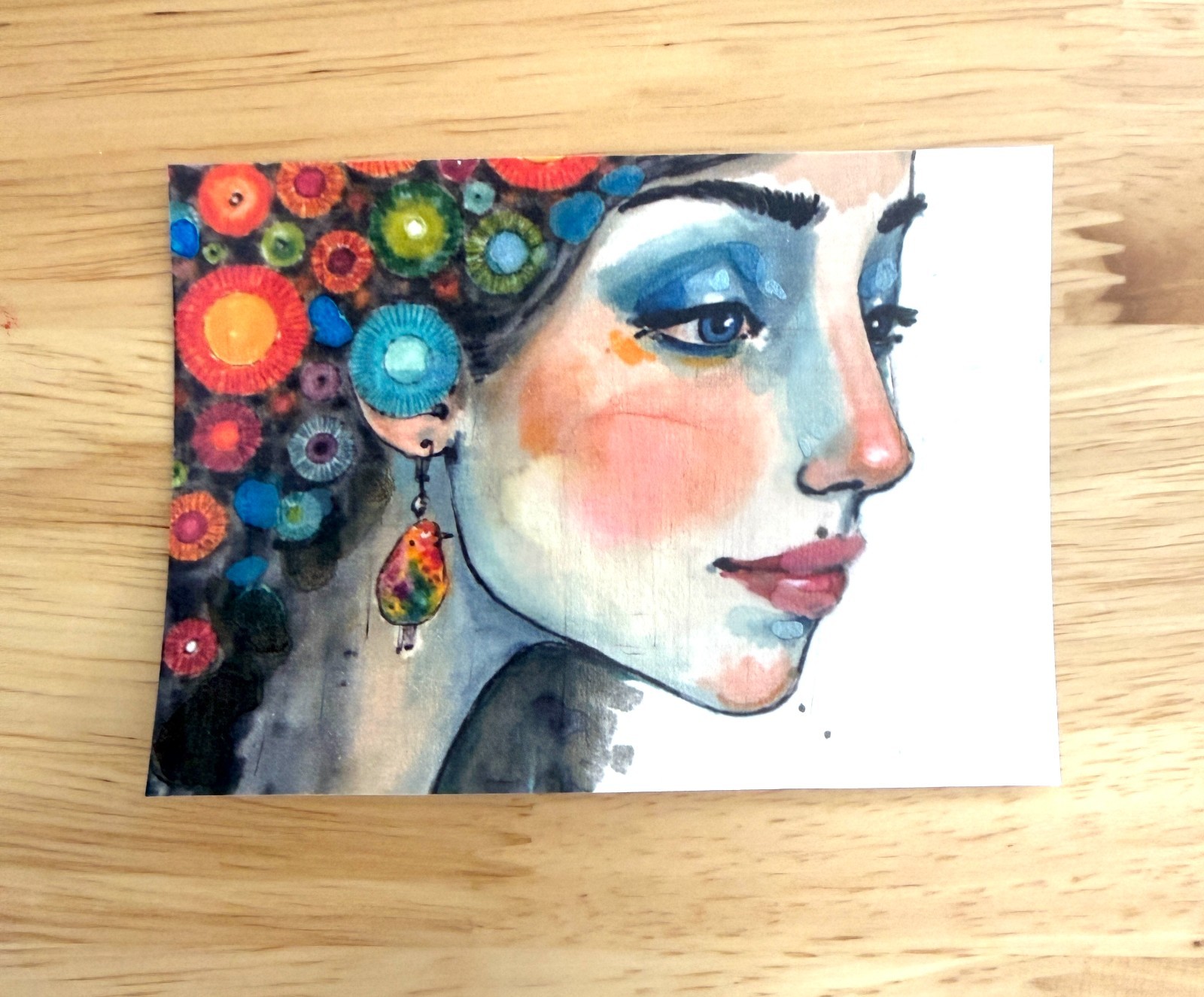Original Profile Portrait ACEO Painting Woman Bird Earring Watercolor OOAK Minia