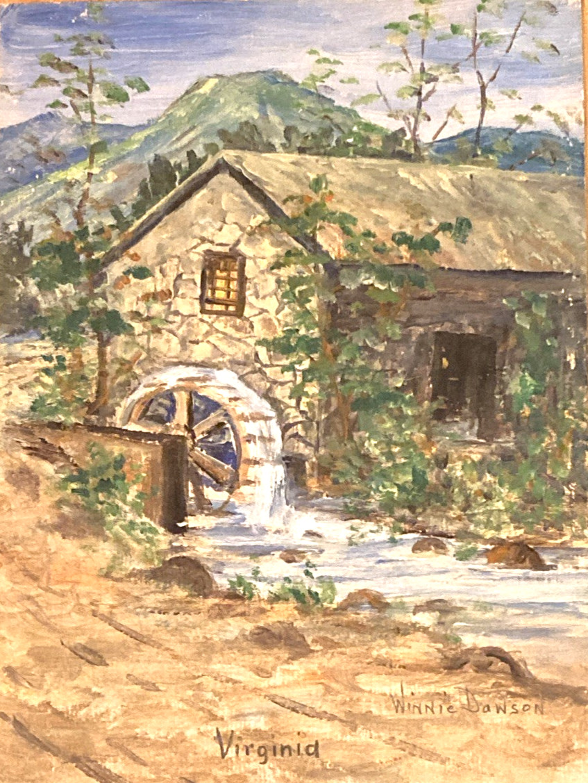 Water Wheel on a Creek in Virgina Homestead Oil Painting Winnie Dawson 8″ x 6″