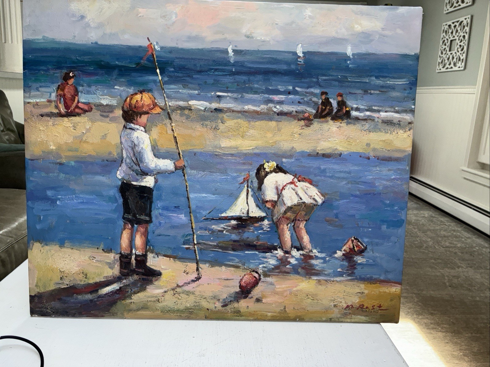 KIDS ON THE BEACH By M RADT- Oil Painting on Canvas – 24×22” VINTAGE