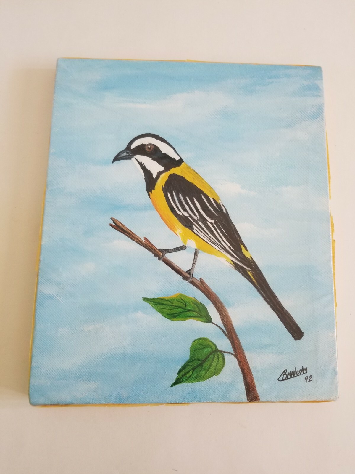 1992 Clive Malcolm Original Canvas Painting Stripe-headed Tanager Goldfinch Bird