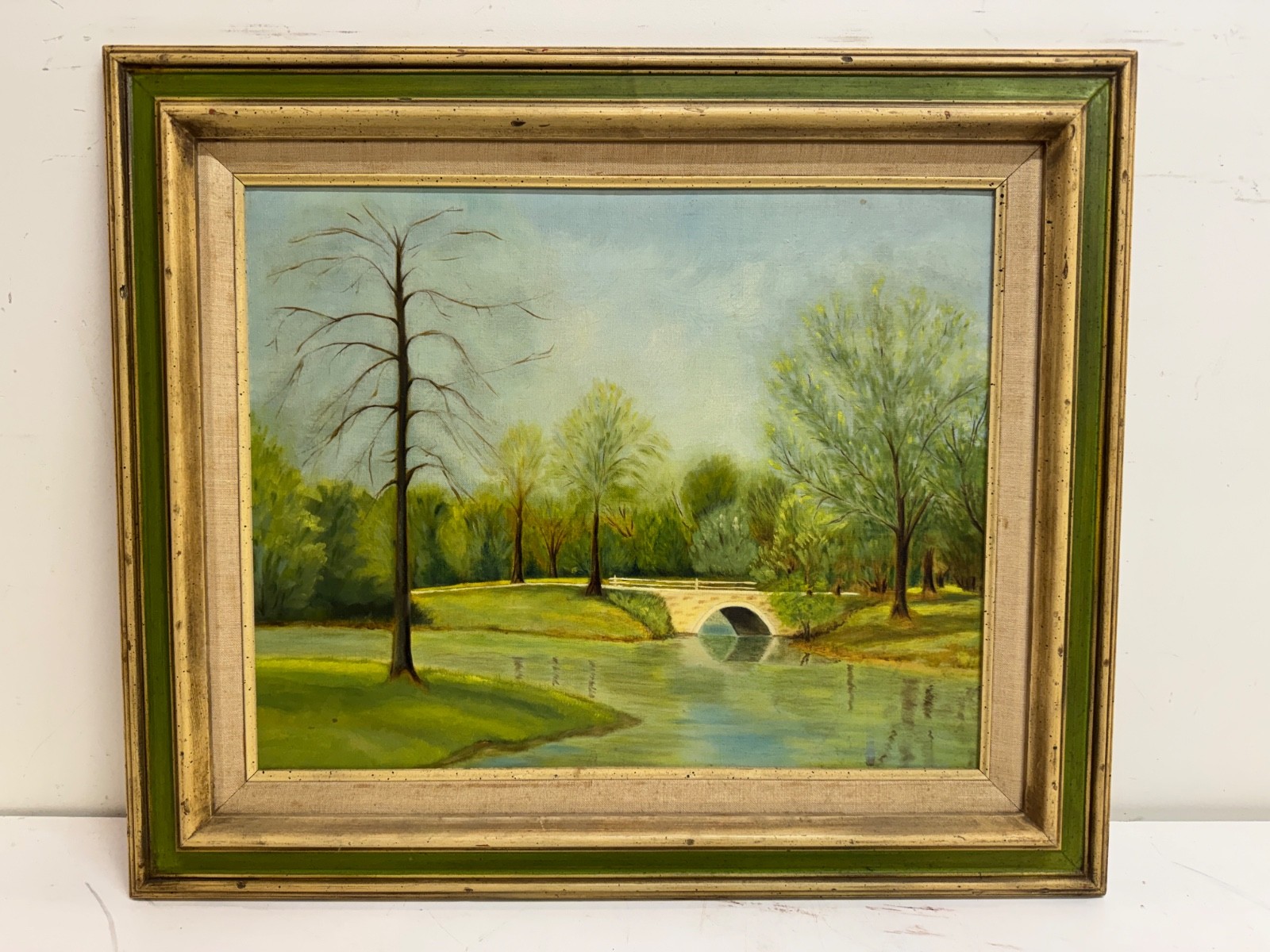 Vintage Possibly Antique Park Landscape Watercolor Painting on Canvas Framed