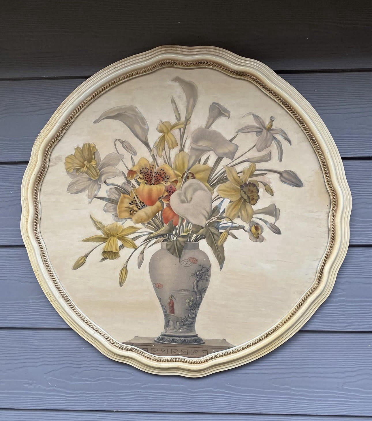 Beautiful Antique Vintage Chinoiserie Asian Floral Vase Framed Lithograph Art