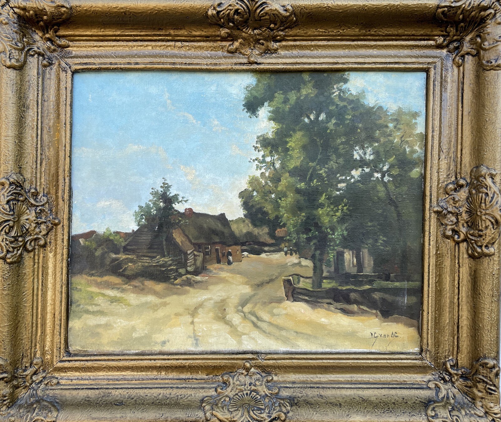 Impressionism Dorflandschaft With Old Farmer´S Cottage And People Antique 1900