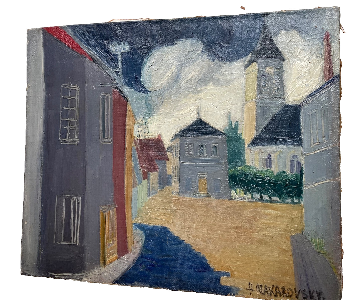 Helene MAKAROVSKY (1918-2001) Signed – Cubism Modernism Oil – Street and Church