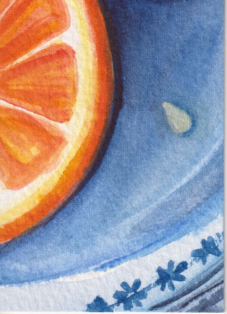 Original ACEO Orange Blue White on china Watercolor Painting, Sharon Foster