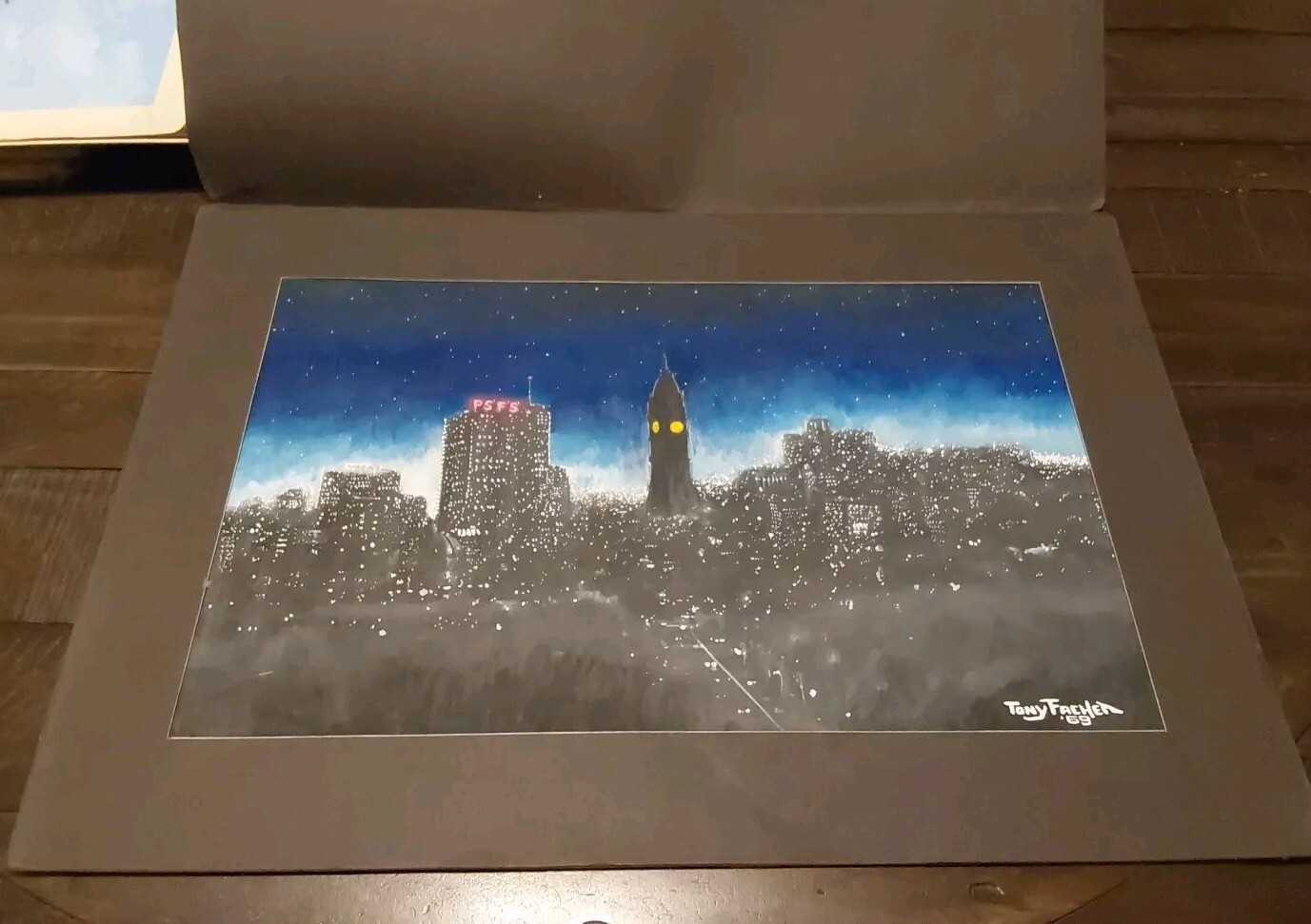 Tony Fachet 1969 Original Painting Philadelphia PA Nighttime City Scape PSFS