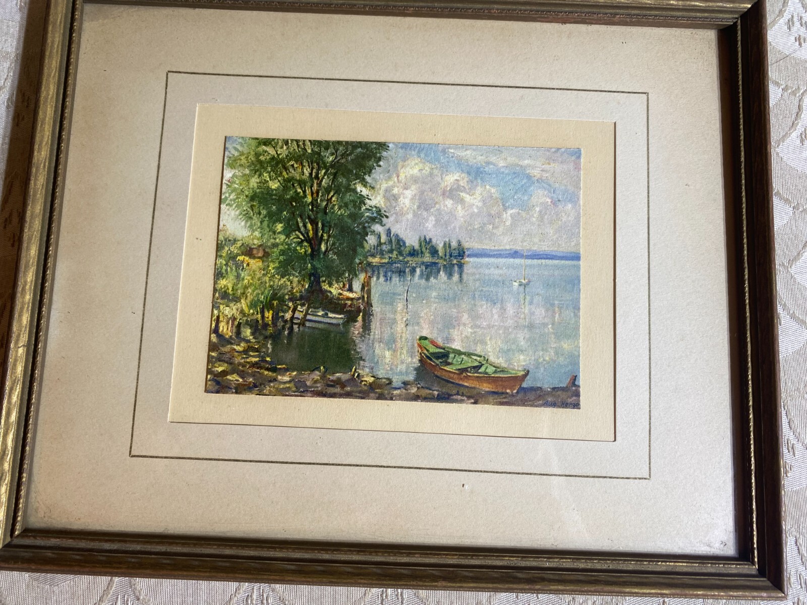 August Herzog (1885 – 1959) «Lakeside Scene» Oil Painting – Signed/Framed