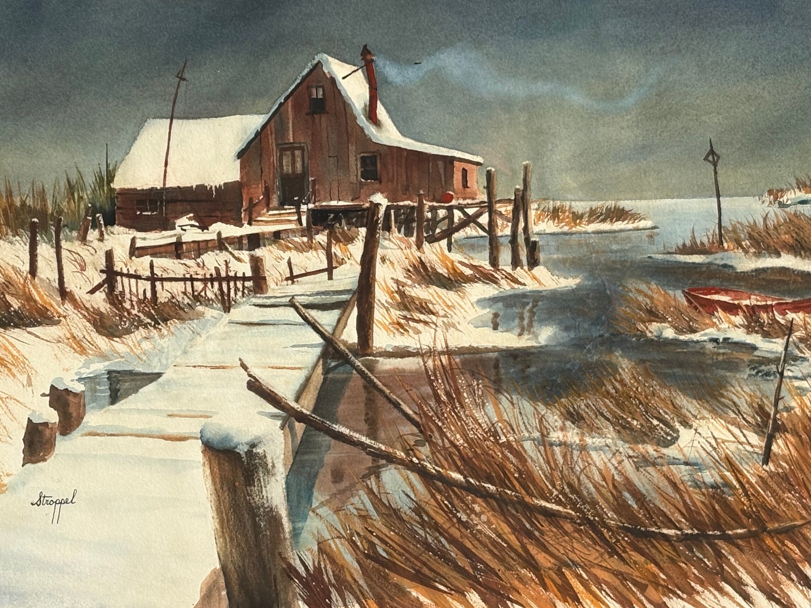 Dockside House in Snow 15″ x 21 3/4″ Watercolor-Circa 1950s/60s-Betty Stroppel