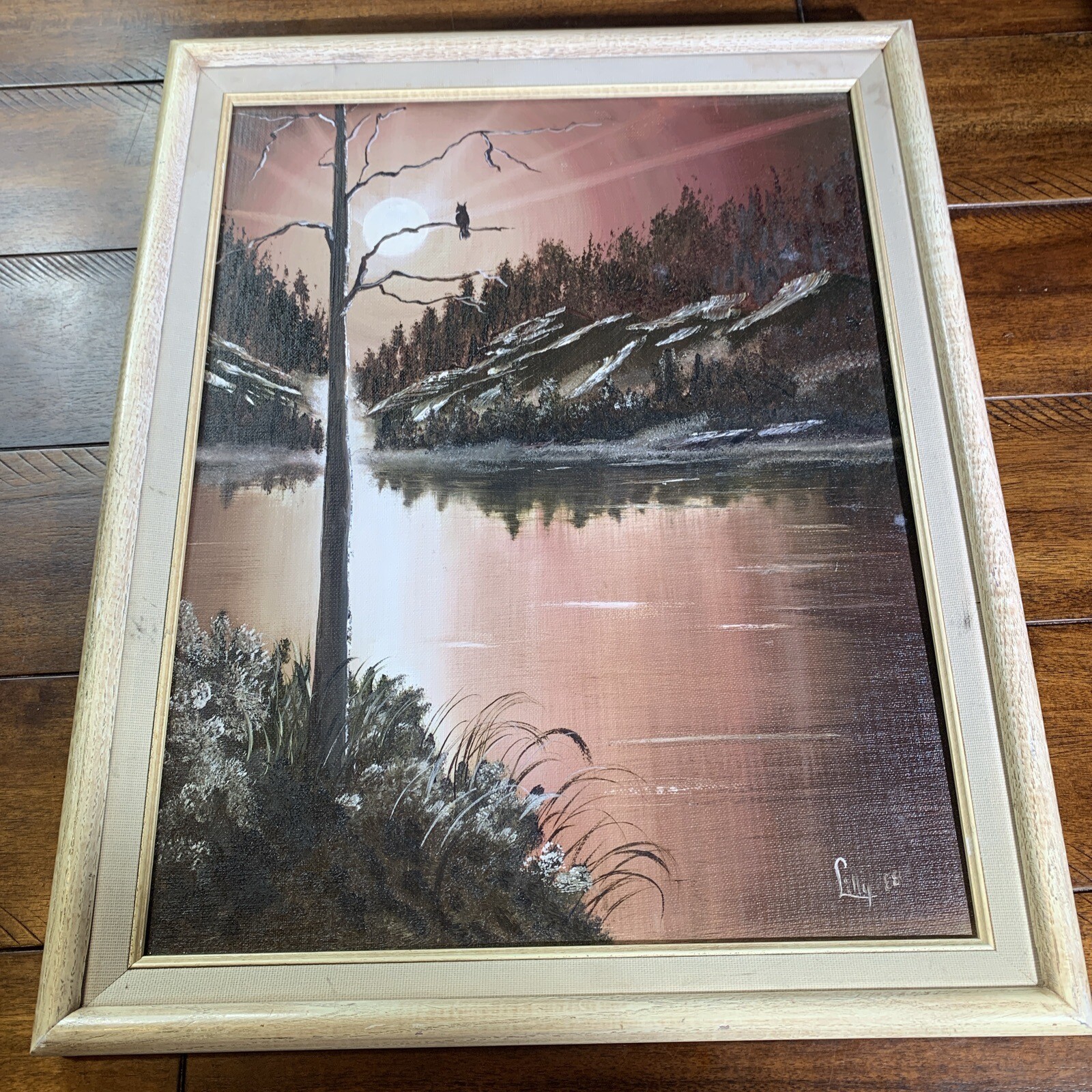 Vintage Full MOON Landscape Painting Oil On Canvas By Lilly 1988 14×18