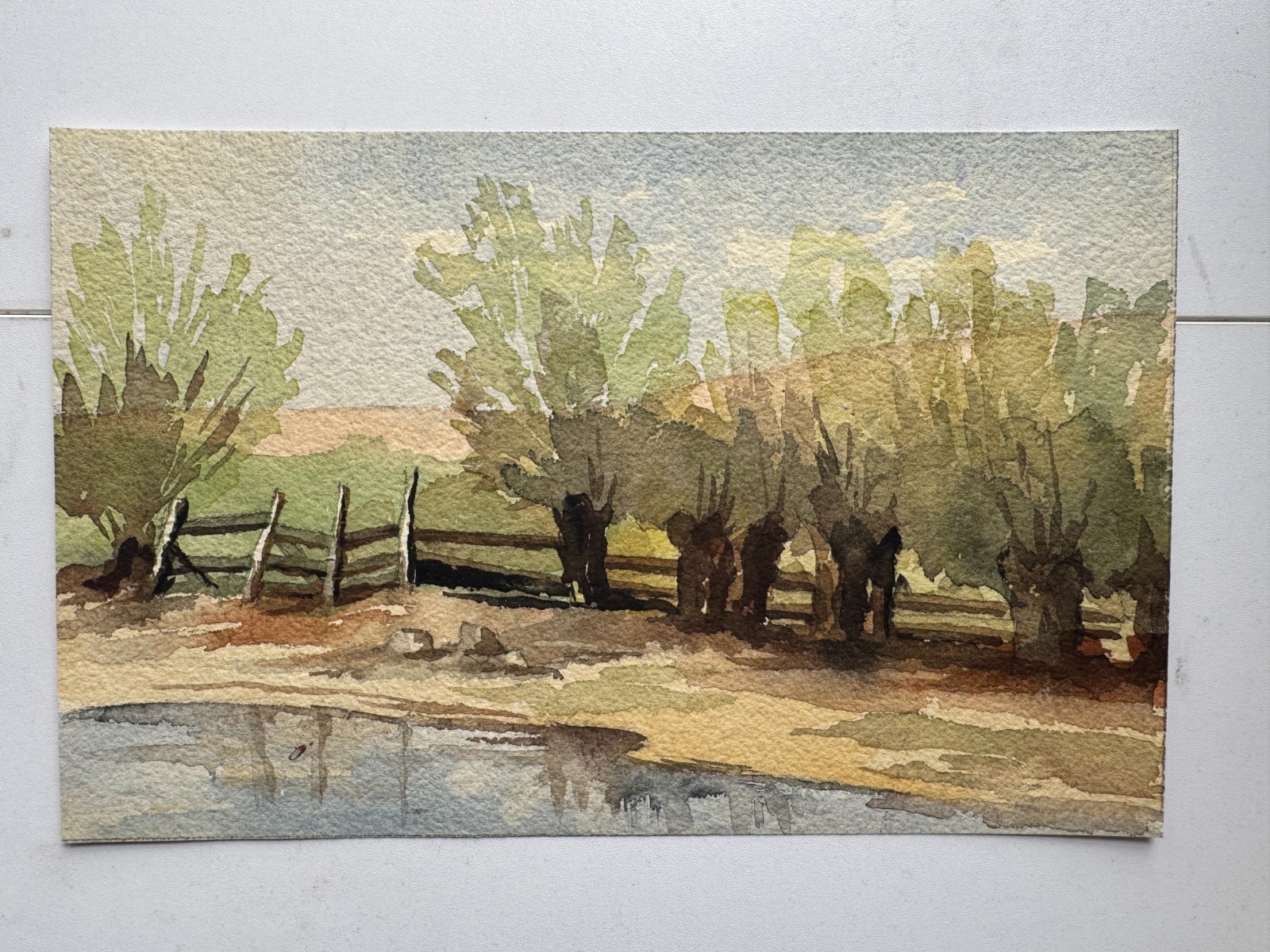 Vintage 1920s Watercolor Painting Rustic Farm Fence Line 6.5 x 10 OOAK Americana