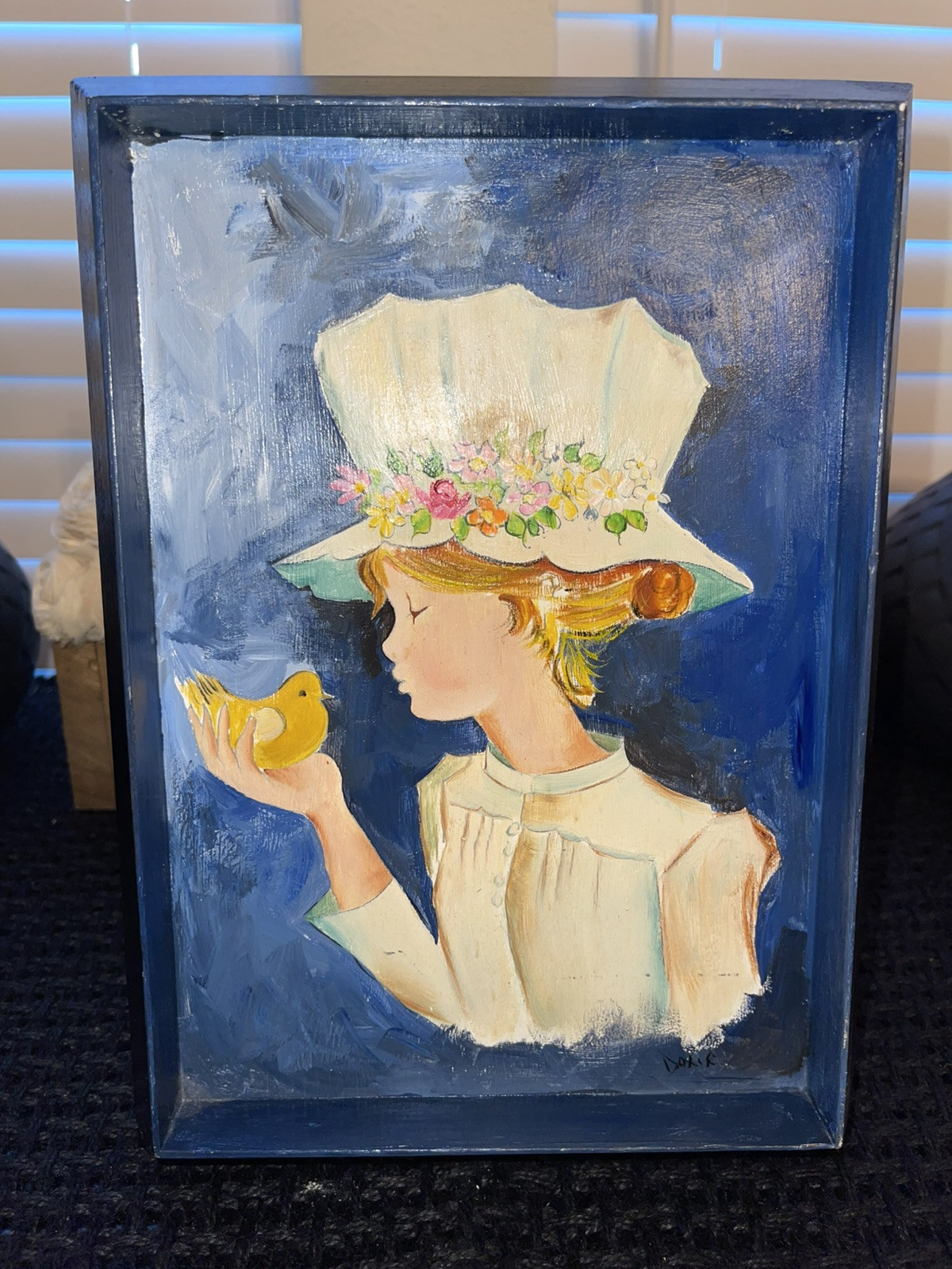 Vintage Signed Painting Of A Girl Wearing A Bonnet Holding A Bird
