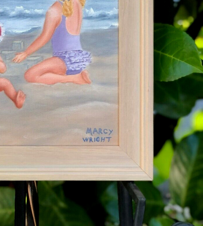 Young Girls Playing on The Beach, Original Oil Painting by Marcy Wright,, FRAMED
