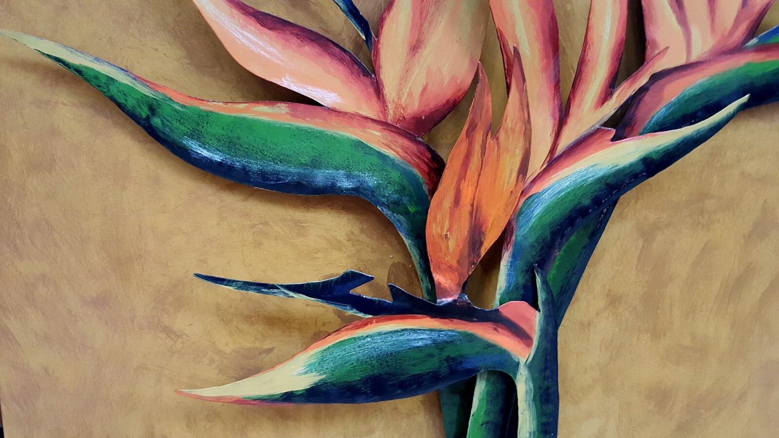 ORIG SIGNED ROMEY 3DIMENSIONAL Oil Painting METAL BIRD OF PARADISE Flowers PERU!