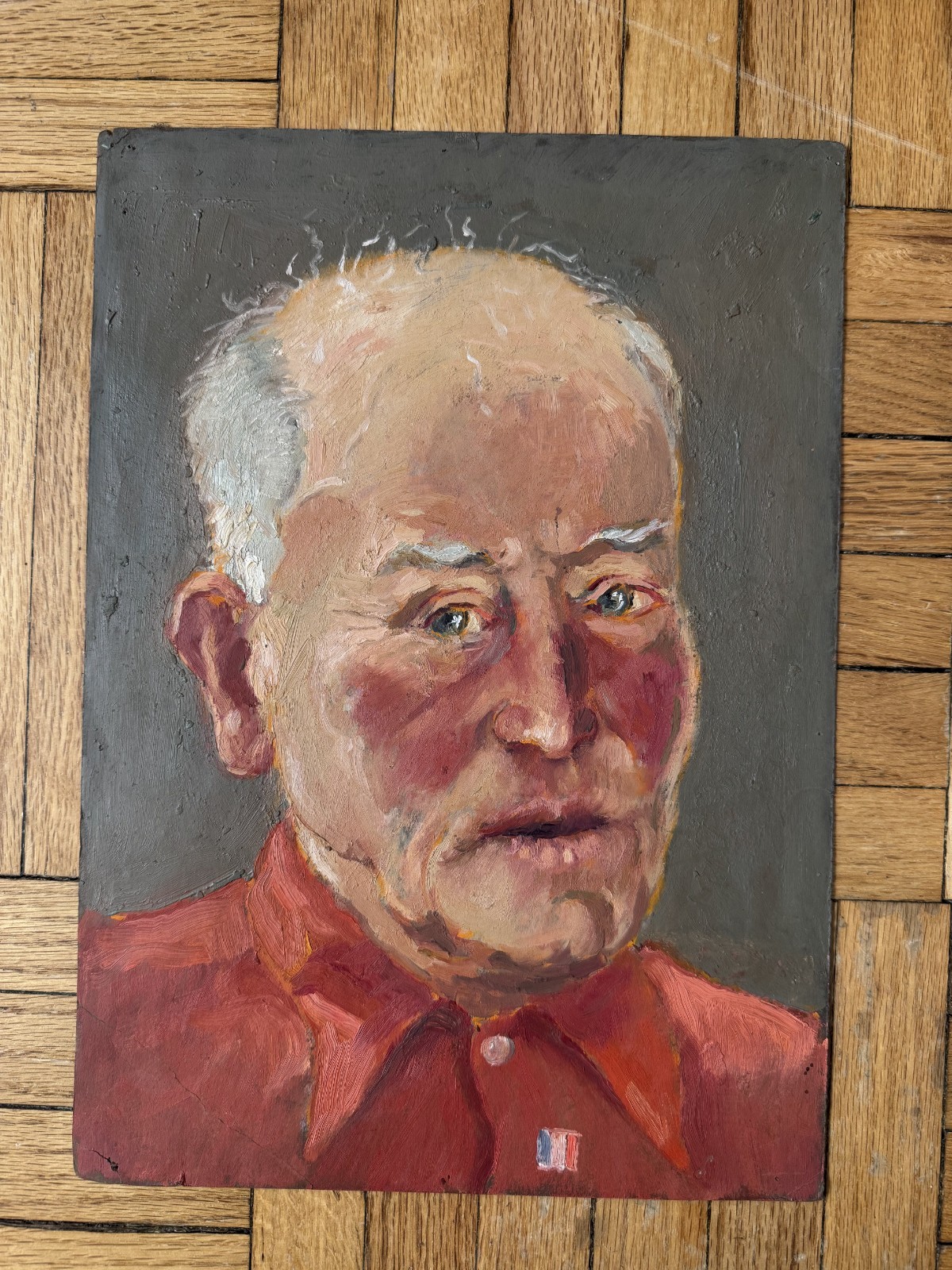 Vintage C.1940 Portrait Oil on Paper Man in Red Shirt Attr Jean Schweckler13x10