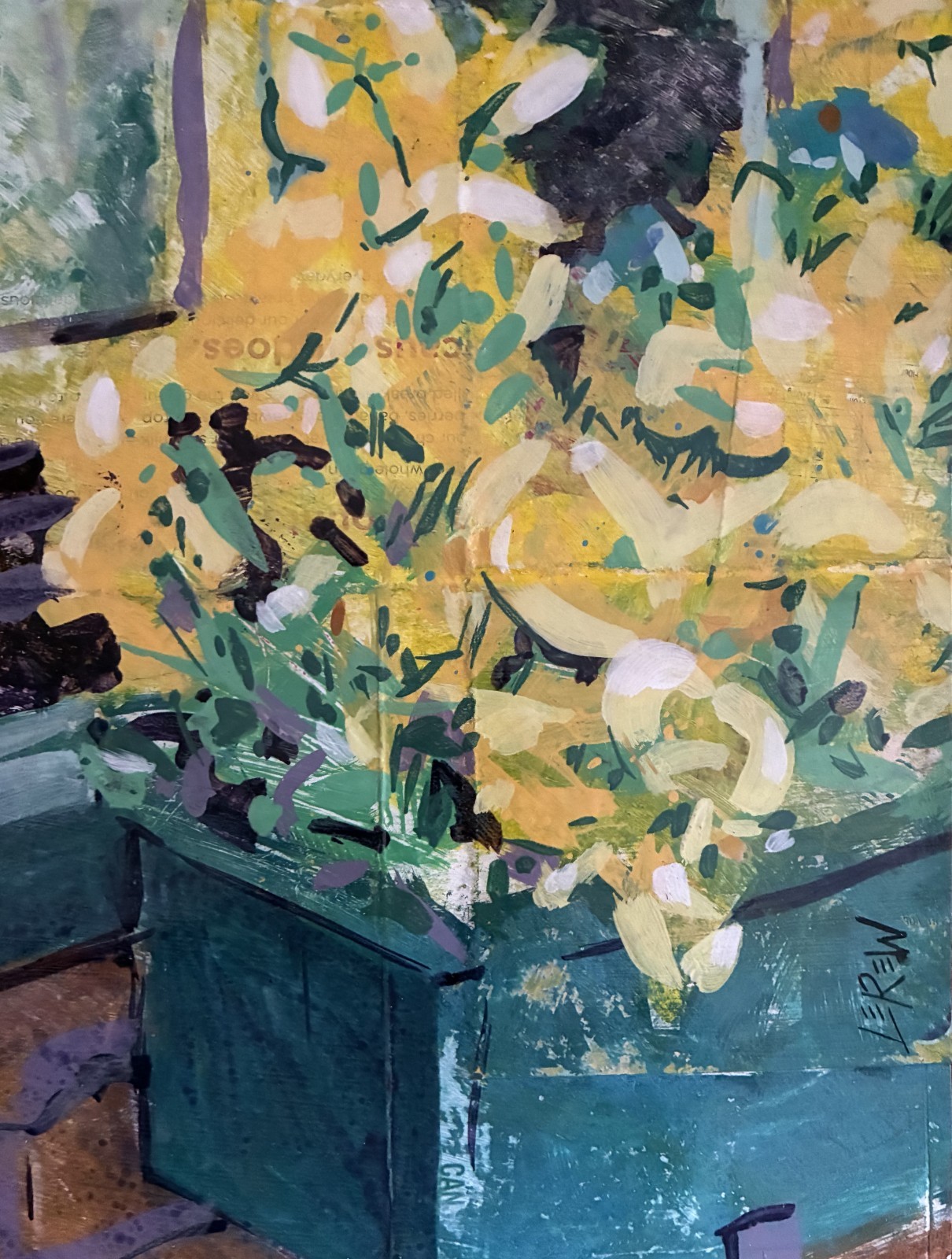 Lerew OOAK contemporary original signed pansy box 2 flowers floral painting COA