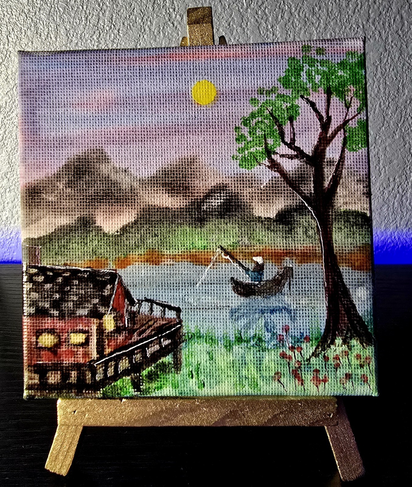 4″ X 4″ Original Painting With Display Easel » The Perfect Fishing Spot»