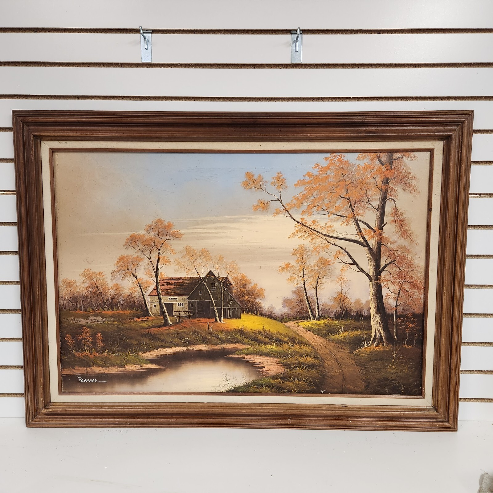 Antique Signed Brenner Country Landscape Oil Painting on Board 43″ x 31″ In. BH